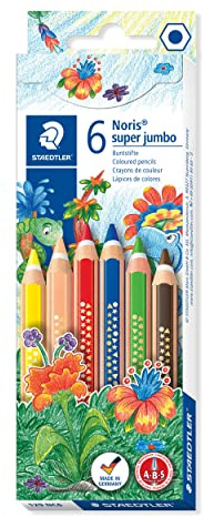 STAEDTLER Buntstift Noris super jumbo, erhöhte Bruchfestigkeit, extra dicke Mine, Sechskantform, ABS-System, attraktive Sternchenprägung, Set mit 6 brillanten Farben, 129 NC6