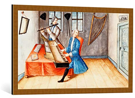 kunst für alle Bild mit Bilder-Rahmen: AKG Anonymous Musikanten mit Clavichord u Querflöte - dekorativer Kunstdruck, hochwertig gerahmt, 95x55 cm, Kupfer gebürstet