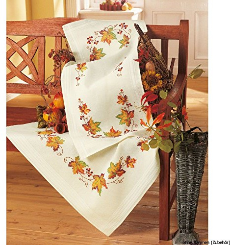 VERVACO Kreuzstich Stickpackungen Tischdecke HerbstBlätter Stickdecken Vorgezeichnet Basteln Erwachsene Kreativ Set Vorgedruckte Decke Sticken 80 x 80 cm Stickset DIY Sticken Set