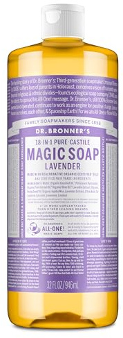 Dr. Bronner's Pure-Castile Liquid Soap, Made with Organic Oils, 18-in-1 Uses: Face, Body, Hair, Laundry, Pets and Dishes, Concentrated, Vegan, Non-GMO, Lavender, 32 Oz