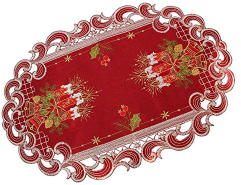 HanaQi Weihnachten Tischläufer Tischdecke Dunkelrot Leinenoptik Rot Kerzen Stickerei (ca. 22x37 cm Oval)