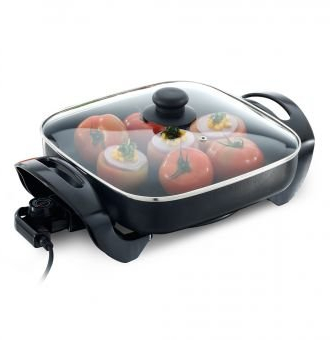WOK eléctrico con regulador de temperatura, antiadherente, con tapa de cristal templado transparente. Medida del recipiente: 37x30x7 cms.