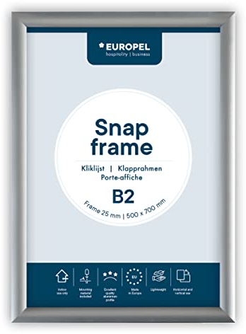 EUROPEL 355012 Klapprahmen B2 mit 25 mm Aluminium-Profil - aufklappbarer Plakatrahmen mit Gehrungsecke - Schnapprahmen für u.a. Poster, Zertifikate, Fotos & Werbemittel - Silber,B2 - 50 x 70 cm