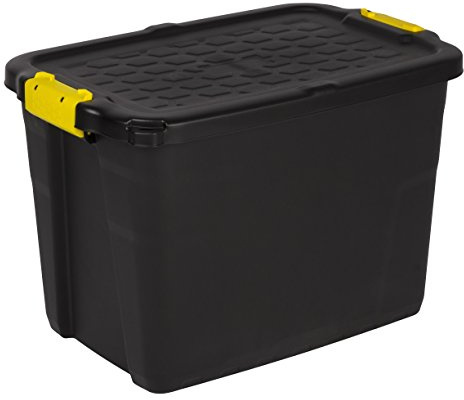 Kreher Aufbewahrungsboxen mit Deckel, TOUGH-Serie, bruchsichere Transportbox, Kunstststoffbox, Stapelboxen, Ordnungsboxen, Kiste in Schwarz, verschiedene Größen (60 Liter)