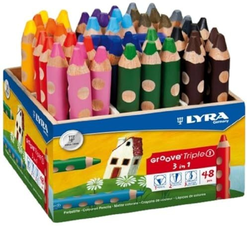 LYRA Groove Triple 1, lackierte 3 in 1 Farbstifte, Holzaufsteller 48 Stifte + 2 Spitzer