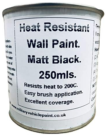 1 x 250ml Matt Black Heat Resistant Wall Paint. for Wood Burner Stove Alcove. Brick, Concrete, Plaster, Cement Board, Rendering, Metal, Timber etc.