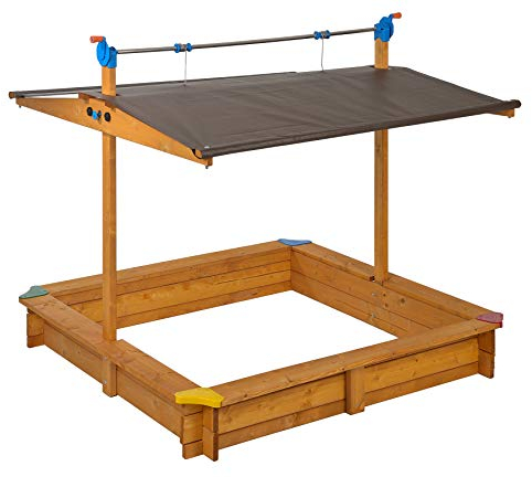 GASPO Sandkasten Mickey II, Sandkiste aus Holz i, 140 x 140 cm mit absenkbarem und schwenkbarem Dach/Kurbeldach, TÜV-geprüft