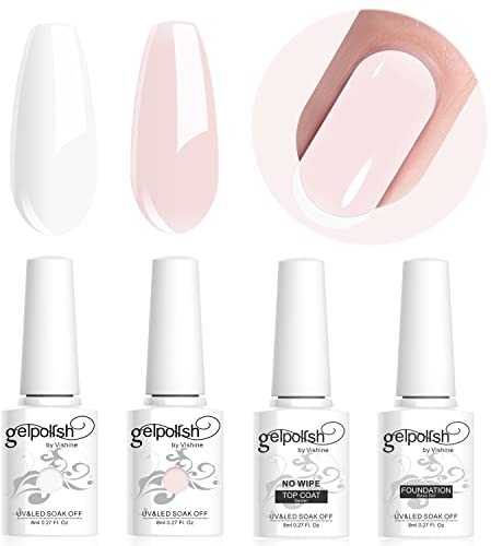 Vishine Set aus semi-permanentem Gel und Base Coat für French Manicure, UV/LED, Soak Off Nail Art, French, Weiß, Rosa, 4 Stück, 8 ml
