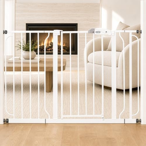 Regalo Safety Extra Wide Baby Gate, 73.6-122cm, Doorways & Bottom of Stairs | Pressure Mounted with Door for Babies, Toddlers & Pets, Extensions Included, White