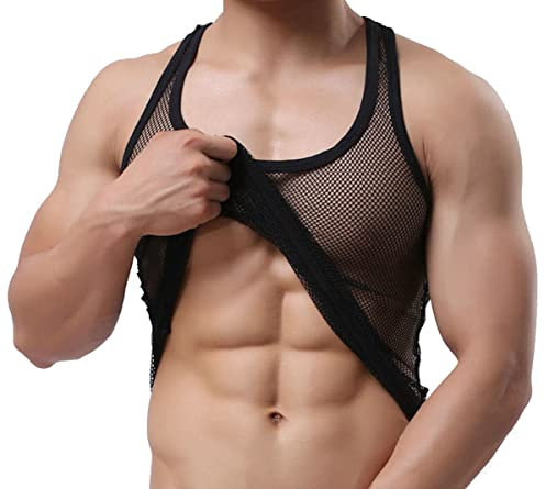 Camiseta de tirantes para hombre, camiseta de rejilla sin mangas, camiseta de luchador Negro S