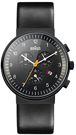 Braun Mens Chronograph with Date Analogue Quartz Watch, Black Dial and Black Leather Strap, 40mm Black Stainless Steel Case, Model BN0035BKBKG.