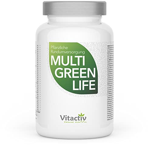VITACTIV Multi Green Life - Green Food Multivitamin Präparat - Natur Komplex 100 Nährstoffe - Vitamin C, D, E, B Vitamine - Mineralien, Enzyme, Omega3, Vitalpilze, Probiotika, Superfood - 90 Kapseln