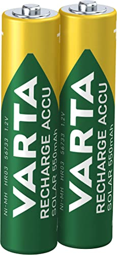VARTA Batterien AAA, wiederaufladbar, 2 Stück, Recharge Accu Solar, Akku, 550 mAh Ni-MH, sofort einsatzbereit, für Solar-Gartenleuchten entwickelt