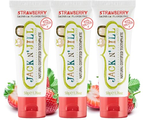 Jack N' Jill Natural Toddler Toothpaste - Fluoride Free Training Toothpaste for Toddlers 1-3, 40% Xylitol, BPA Free - Strawberry, 1.76 oz (Pack of 3)