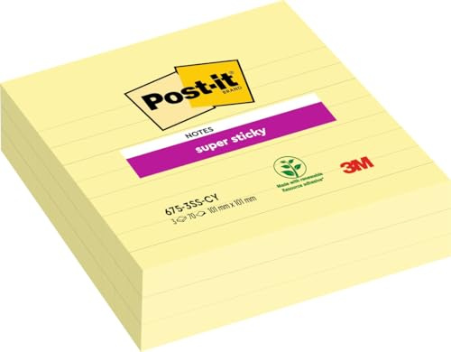 Post-it 101 x 101 mm superklibbiga fodrade anteckningar – kanariegul (förpackning med 3)