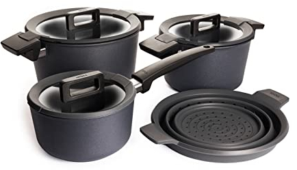 Woll 101CP 4-Teiliges Guss Kochtopf Set Concept plus inklusiv Glasdeckel bestehend aus 120 CP / 124 CP /918 CP /SI 24 Siebeinsatz
