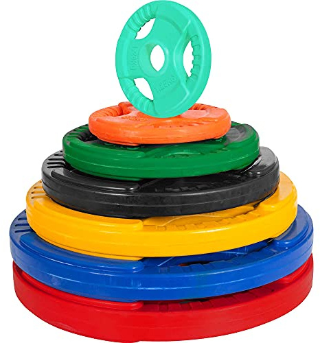 GORILLA SPORTS® Olympic viktskivor - 1,25 kg, 2,5 kg, 5 kg, 10 kg, 15 kg, 20 kg, 25 kg, 30 kg vikter, singel/set, 50 mm, gjorda av gjutjärn med gummigripare, val av färger - viktskivor