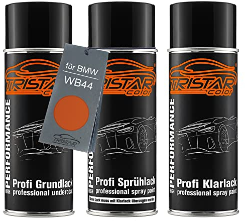 TRISTARcolor Autolack Spraydosen Set für BMW WB44 Valencia Orange Metallic Grundlack Basislack Klarlack Sprühdose 400ml