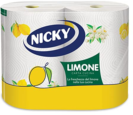 Nicky Limone Carta Cucina - 2 Rotoli da 100 Fogli Assorbenti a 2 Veli, Spessa e Resistente, Fresco Profumo di Limone, Carta 100% Certificata FSC®