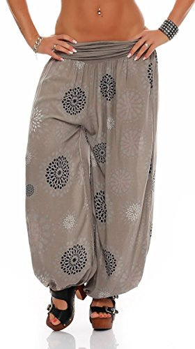Malito – Damen Haremshose mit Print – Pumphose aus Baumwolle – Sommerhose für warme Tage – Stoffhose zum Tanzen, Chillen & Zumba – Aladinhose für Frauen 7181 (Fango | Größe 34-40)
