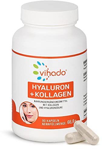 Vihado Hyaluronsäure Kapseln hochdosiert – Hyaluron + Kollagen-Hydrolysat – Beauty Kapseln ohne Zusatzstoffe – ideal als Nahrungsergänzung neben der Hautpflege – 90 Kapseln
