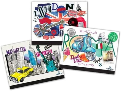 Canson 400065457 Lot de 10 Cartons à dessin Studio Créatif fermeture par 2 élastiques Décors New York/Londres/Rome 32 x 45 cm