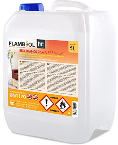 Höfer Chemie 2 x 5 L (10 Liter) FLAMBIOL® Bioethanol 96,6% Premium für Ethanol Kamin, Ethanol Feuerstelle, Ethanol Tischfeuer und Bioethanol Kamin