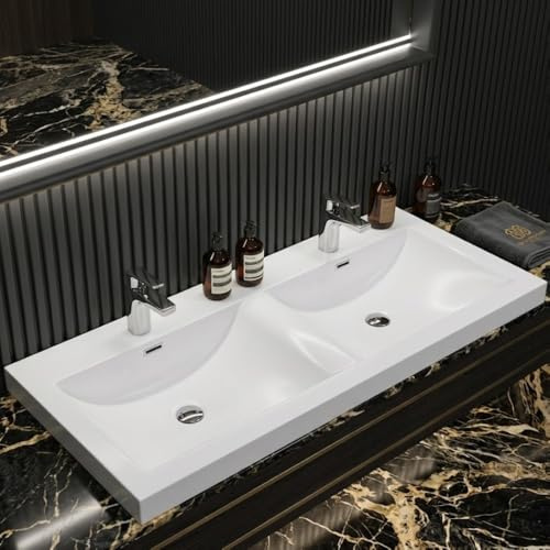Durovin Bathrooms Luxurious Large Stone Resin Dual Bathroom Basin - Self Rimming Drop in Double Sink - Semi Recessed - 1200 x 480mm (WXD)