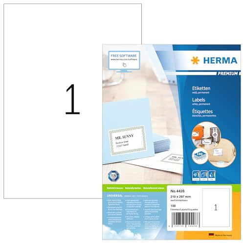 HERMA 4428 universella etiketter A4 stora (210 x 297 mm, 100 ark, papper, matt) självhäftande, utskrivbara, permanenta adressetiketter, 100 klistermärken, vit