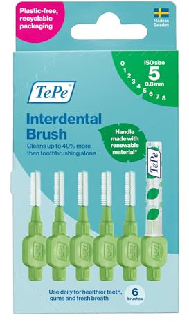 TePe Interdental Brush Original, Soft Dental Brush for Teeth Cleaning, Pack of 6, 0.8mm, Large Gaps, Green, Size 5