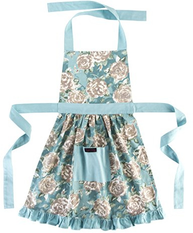 Betty Retro Style Frilly Apron in Vintage Rose Print (Duck egg Rose)
