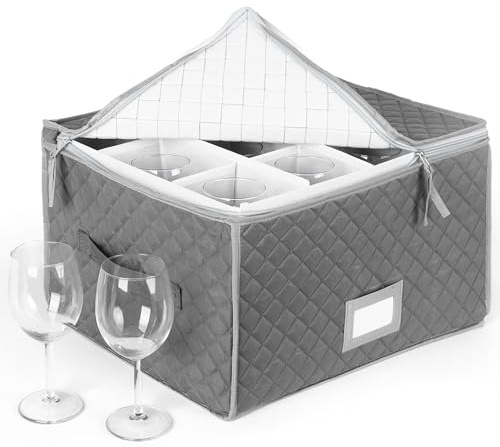 Stack Store Plus More Stemware Storage Case - Holds 12 Wine Glasses or Crystal Glassware with Label Holders and Fully Padded Inside - 16 x 13 x 10H - Gray - Hard Sides and Stackable