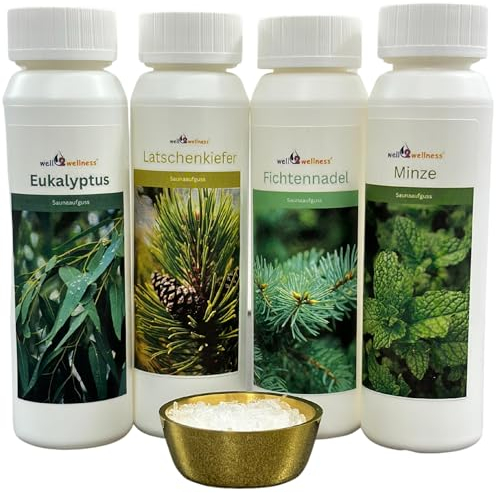 well2wellness® Saunaaufguss Set 4 x 125 ml 'Klassik 1' mit Eukalyptus, Latschenkiefer, Minze, Fichtennadel + gratis 10g Mentholkristalle