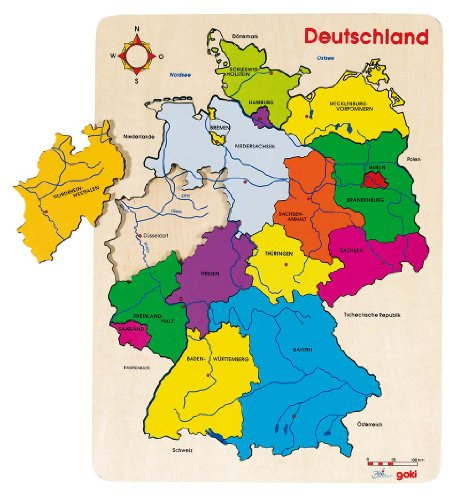 goki 57860 Einlegepuzzle Deutschland II aus Holz, Holzpuzzle mit allen Bundesländern, Lernspielzeug und Kinderpuzzle, fördert Fantasie und Motorik, 30cm x 40cm, 16er Set, ab 4 Jahre