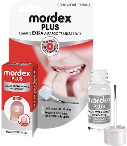 Mordex Plus - Esmalte extra amargo transparente - Muy amargo, Invisible, Reestructura y Fortalece la Uña - Frasco de 9 ml con pincel incorporado