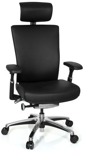 hjh OFFICE 657604 Profi Bürostuhl NOVA Echt Leder Schwarz Chefsessel Lordosenstütze, Armlehnen, Kopfstütze & Sitztiefe verstellbar