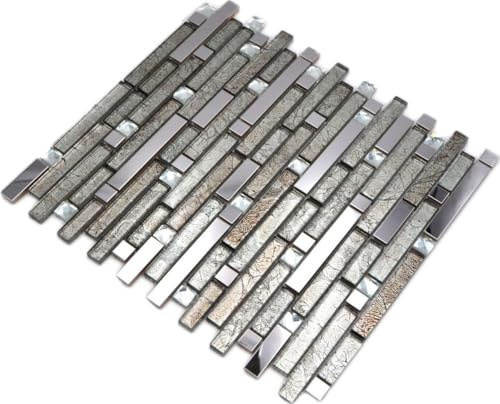 Mosaik Verbund Crystal/Edelstahl mix silber/Glas Glasmosaik Transluzent Transparent 3D, Mosaikstein Format: 15x15/48/98x8 mm, Mattengröße: 298x338 mm, 1 Matte