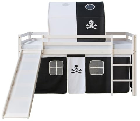 Homestyle4u Hochbett mit Rutsche Tunnel 90x200 für Kinder Pirat Kinderbett Kiefer Holz Jugendbett Doppelstockbett | Artikel 1566