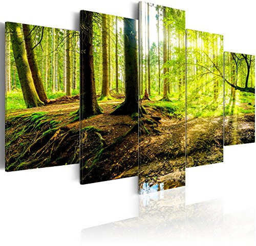 B&D XXL - Leinwandbild Wald Natur Bäume, 200x100 cm, 5-teilig, Schlafzimmer | Hochwertige Leinwand, sofort aufhängbar, ideal fürs Wohn- oder Schlafzimmer, wasserfest und lichtecht, langlebig, stilvoll