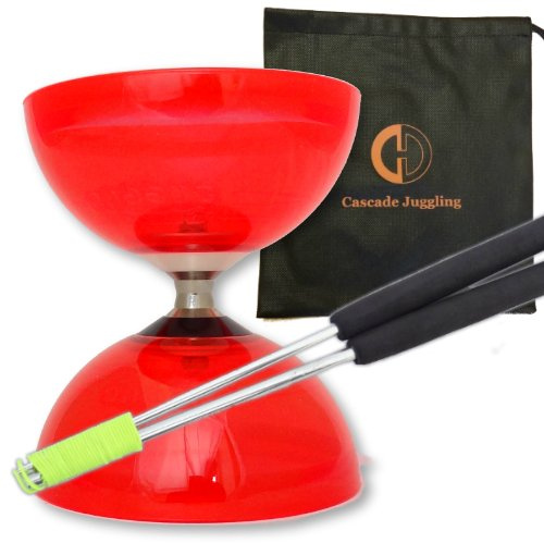 Juggle Dream Red Hurricane Jumbo Triple Bearing Diabolo and Aluminium Sticks with Bag - Pro Full Size Clutch Diablo with Metal Handsticks - Choice of Colours