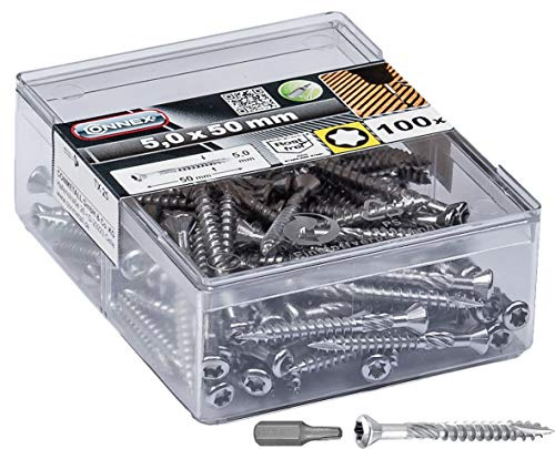 Connex Terrassenschrauben 5,0 x 50 mm - 100 Stück - Mit Bohrspitze & Schneidkerbe - Senkkopf - TX-Antrieb - Rostfreier Edelstahl C1 - Inkl. Bit / Terrassen-Befestigung / Schrauben-Box / DK3230002