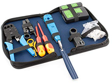 tsnetworks Netzwerk Werkzeug Set inkl. RJ45 Netzwerktester, LSA+ Auflegewerkzeug, Crimpzange, 2x Abisolierer, 2x 10 Stk. RJ11/RJ45 Cimpstecker in stabiler Tasche, 10 teilig