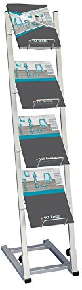 Katalogständer mit 4 Ablagen für DIN A4 / Metall / mit leichtem Neigungswinkel / in 2 Teile zerlegbar / Prospekthalter / Prospektständer / Bodenbroschürenständer / Bodenständer / ideal geeignet für Empfangsbereiche, Praxen, Events und Messen Produktname