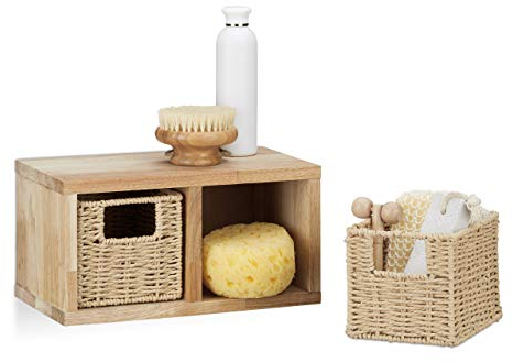 Relaxdays Wandregal Walnuss 2 herausnehmbare Körbe, natürliches Design, zur Wandmontage, natur