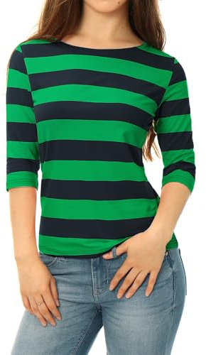Allegra K Women's Striped Shirt Elbow Sleeve Slim Fit Casual Boat Neck Top | Striped Shirts, Elbow Sleeve, Slim Fit, Boat Neck, Casual Top, Color Block,Tee Shirt, Spring Fall