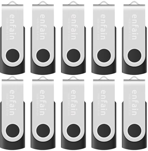 Enfain 16GB USB 2.0 Flash Drive 10 Pack | 160GB Total Swivel Thumb Drives with Labels for Office, School & Bulk Data Storage (Black)
