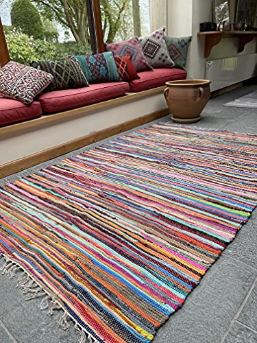 Second Nature Online - SHANTI Multi Coloured Rug | Hand Woven | Eco-Friendly: 100% Recycled Fabric | Ethically Sourced | Flat Weave (150 cm x 210 cm)