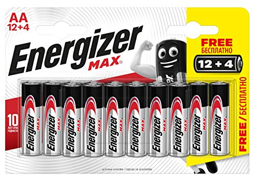 Energizer - Max, Pack de 12+4 Pilas AA, el DOBLE de duración para Uso Cotidiano, sin sulfataciones y con 10 años de vida útil