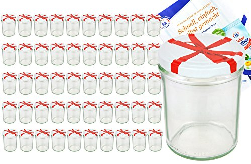 MamboCat Lot de 50 bocaux/pots à confiture en verre de 435 ml + couvercles blancs To 82 avec motif en forme de nœud + livret de recettes Diamant Gelierzauber [Français non garanti]