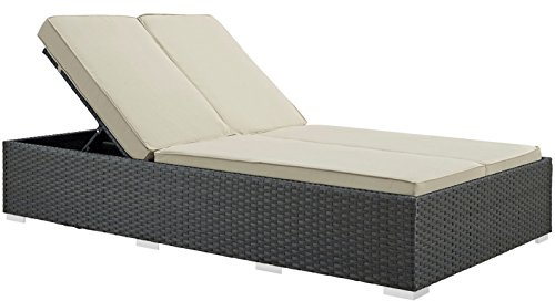 Modway Sojourn Wicker Rattan Outdoor Patio Sunbrella Fabric Double Chaise in Chocolate Beige